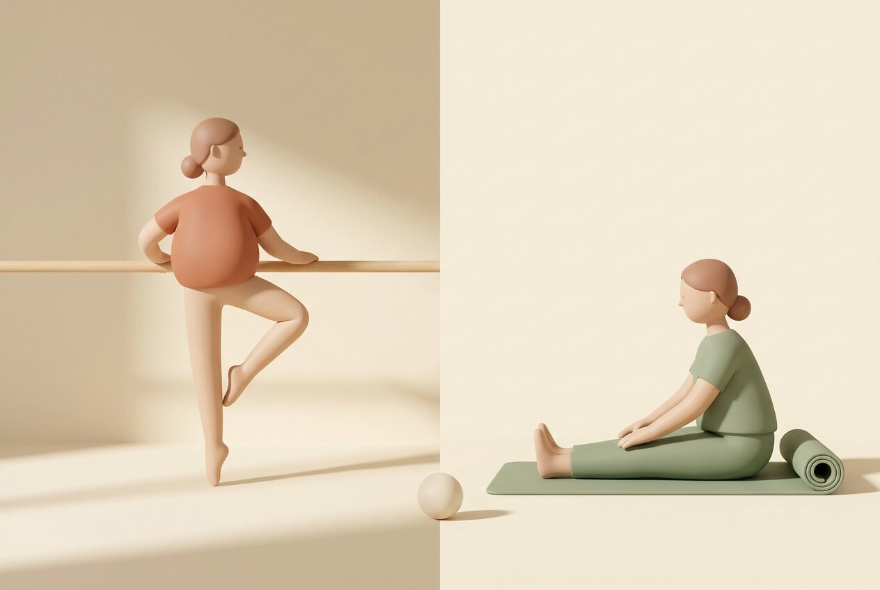 Ilustración que compara barré y pilates: una mujer en relevé en la barra y otra sentada en una esterilla