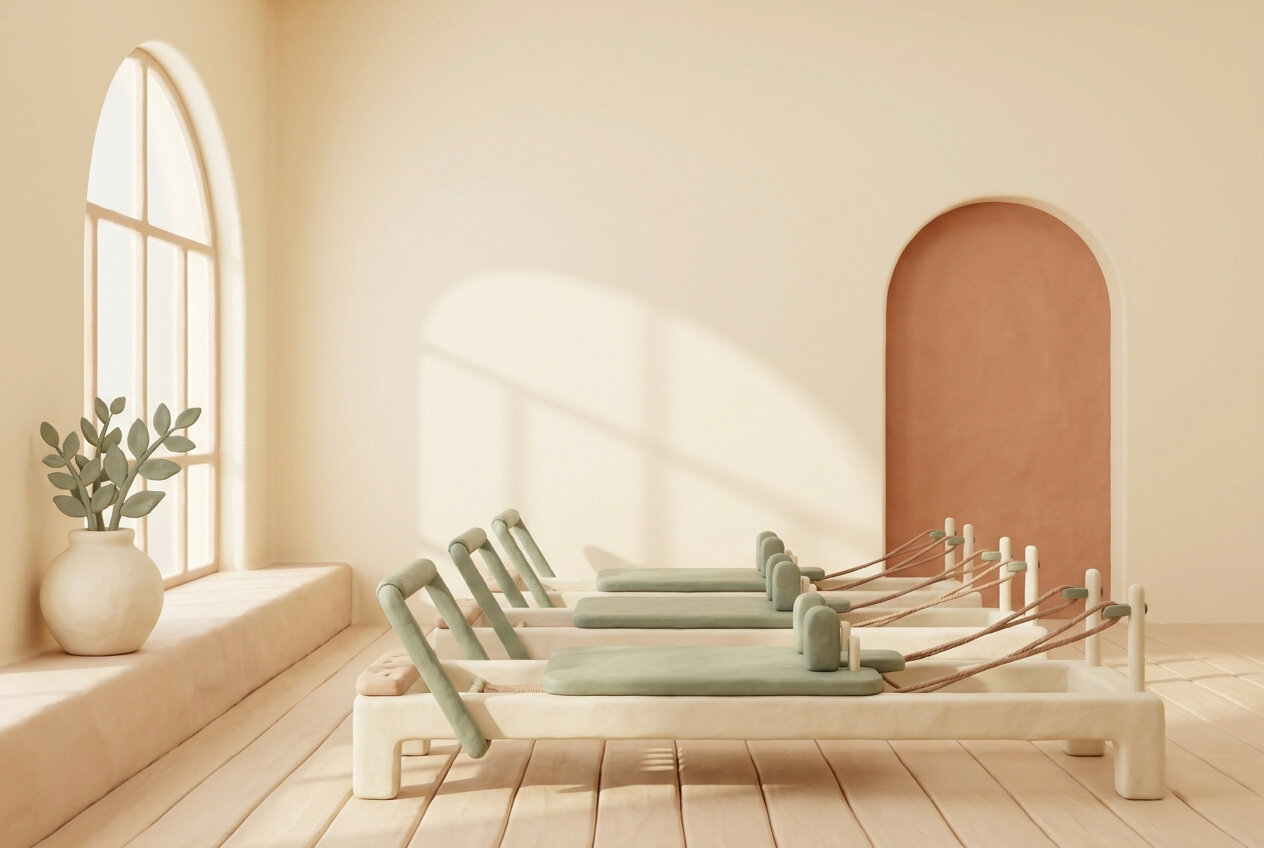 Sala luminosa de un buen centro de pilates con máquinas Reformer alineadas en Lagar Studio Aravaca