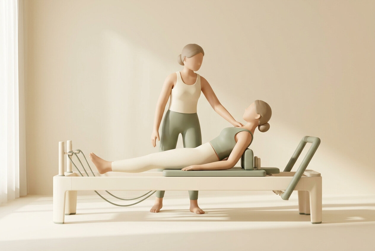 Máquina de pilates Reformer con muelles y carro en sala luminosa de Lagar Studio Aravaca