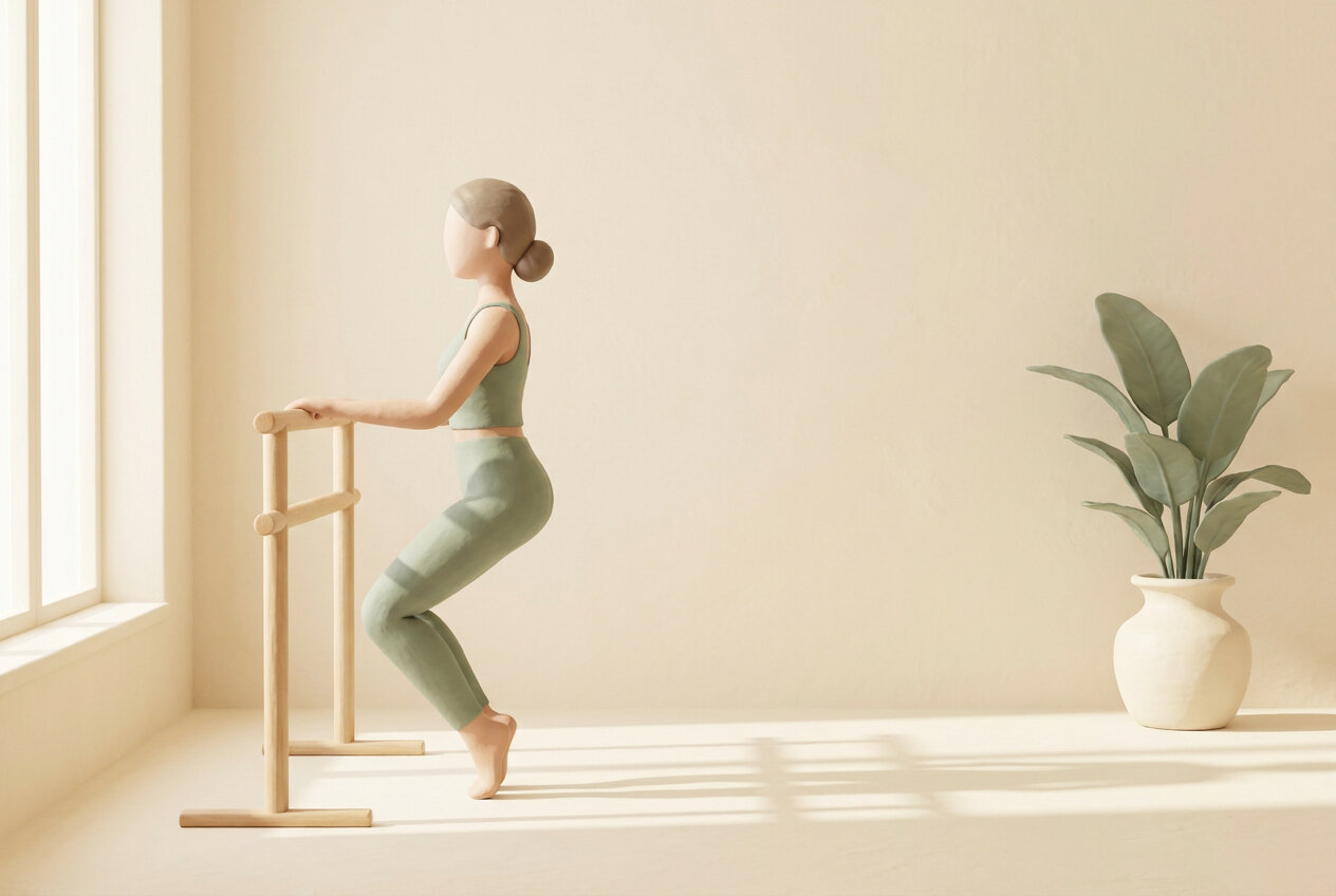 Ilustración de una mujer en una barra de ballet haciendo un plié, en un estudio de barré con luz natural