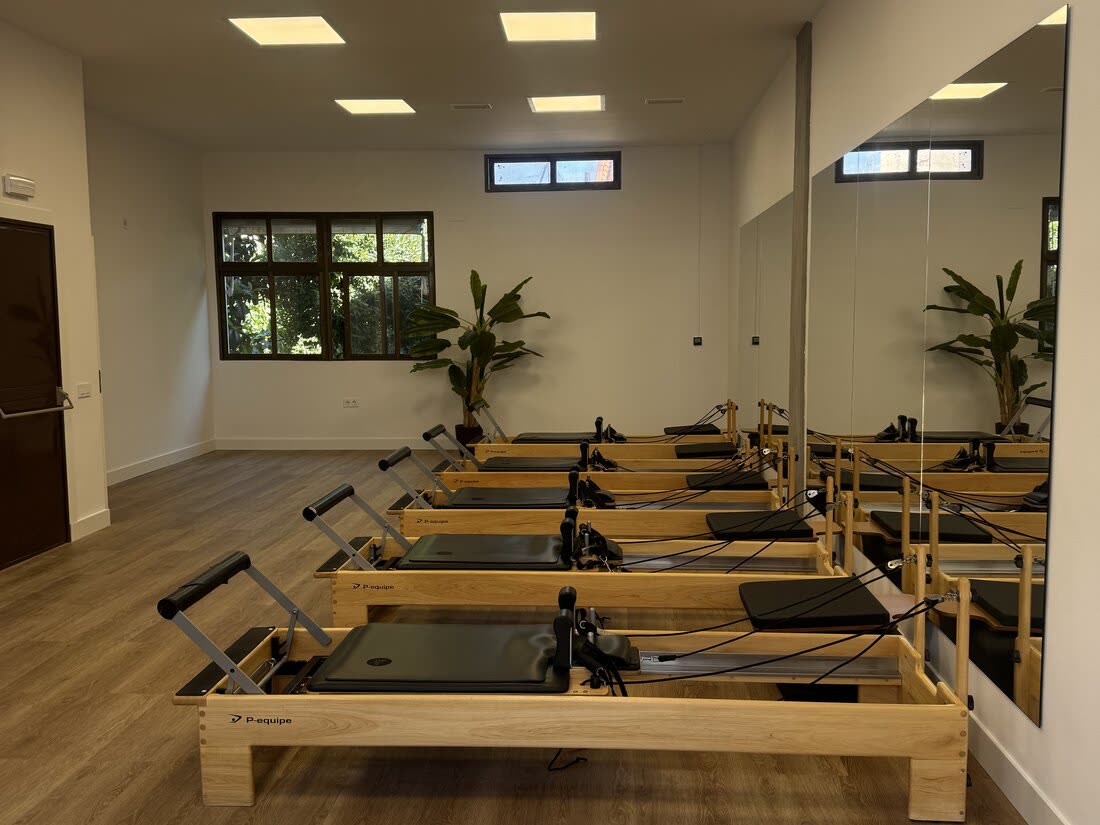 Estudio de Lagar Studio en Aravaca: reformers de madera con tapizado azul, suelo de madera clara, paredes crema, ventanales con vegetación y luz natural.