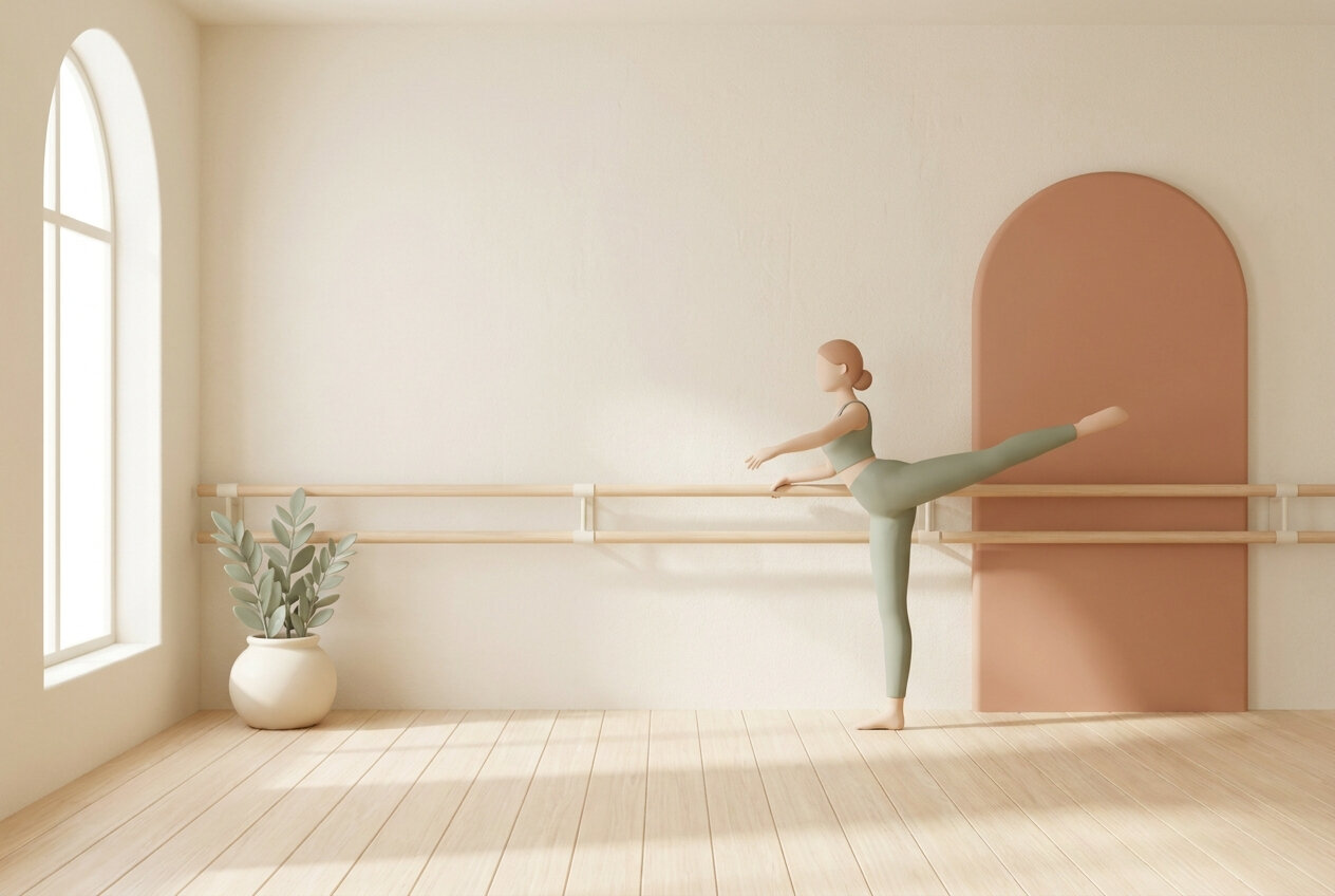 Ilustración de un estudio de barré en Aravaca con barra de ballet y una mujer elevando la pierna