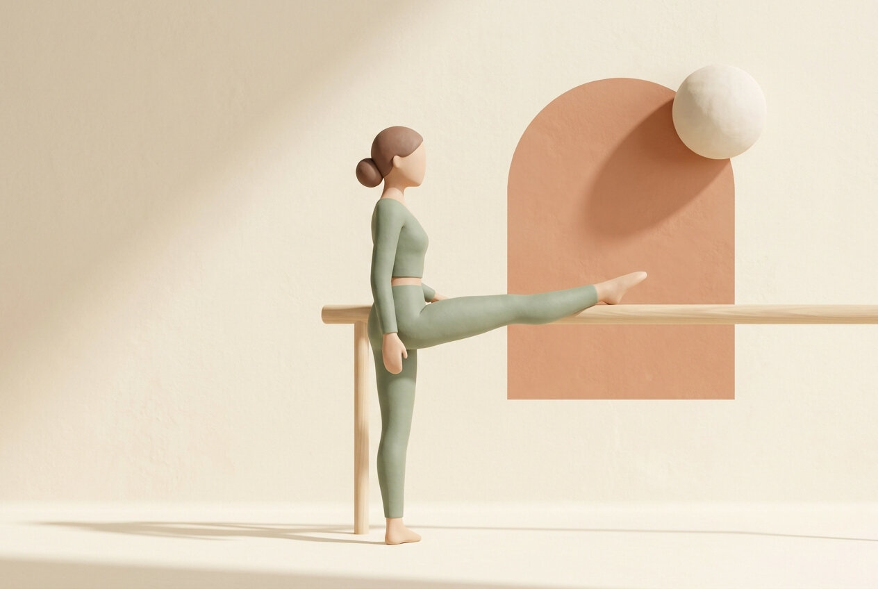 Ilustración de una mujer estirando la pierna sobre la barra de ballet en un estudio de barré