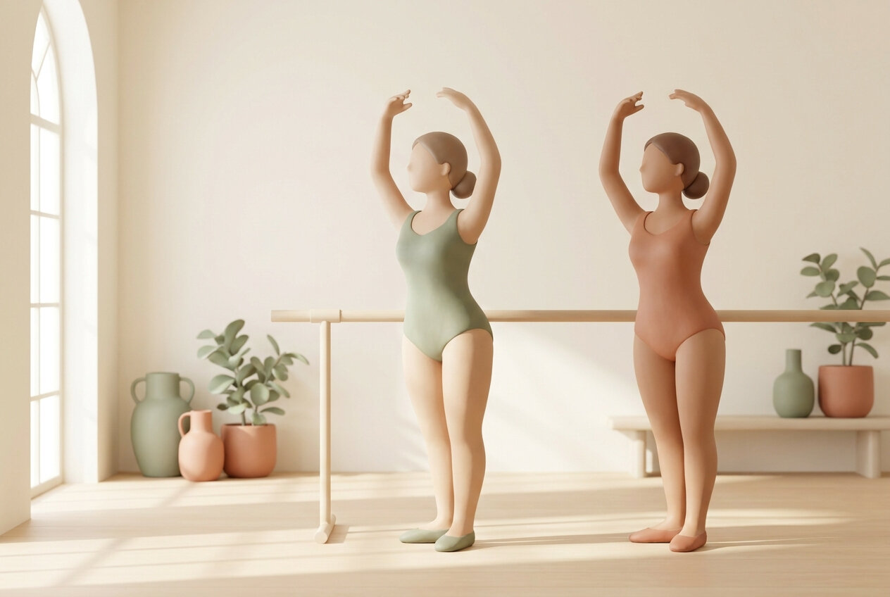 Ilustración de dos mujeres en una barra de ballet haciendo un port de bras en un estudio de barré en Madrid