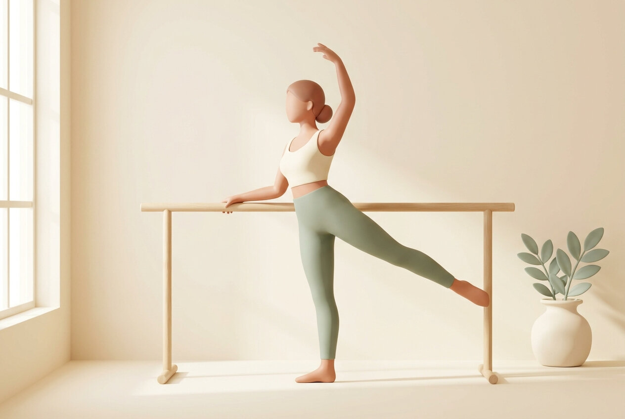 Ilustración de una mujer en arabesque apoyada en una barra de ballet, estudio de barré cerca de Majadahonda