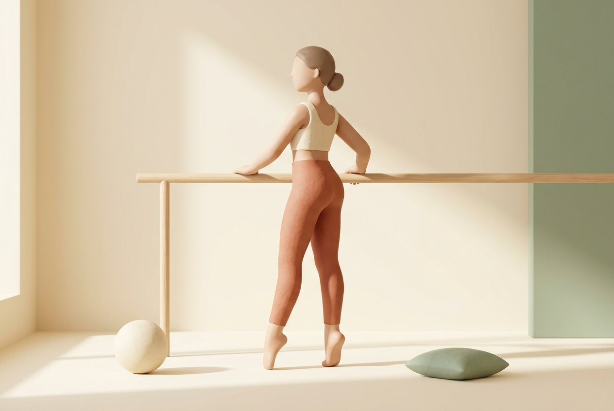 Ilustración de una mujer en relevé sobre las puntas en una barra de ballet, estudio de barré cerca de Pozuelo
