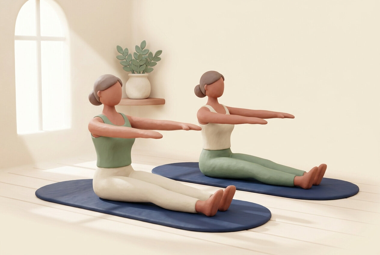Ilustración de dos mujeres sentadas en esterillas azules en una clase de pilates suelo en grupo reducido